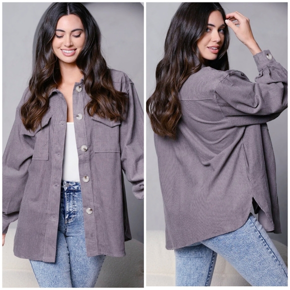 PEACH LOVE CALIFORNIA On Trend Oversized Gray Corduroy Shacket - Picture 5 of 5